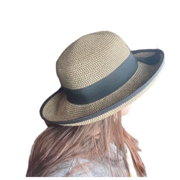 San Diego hat company tan woven paper sun hat with black trim and bow - Picture 3 of 7